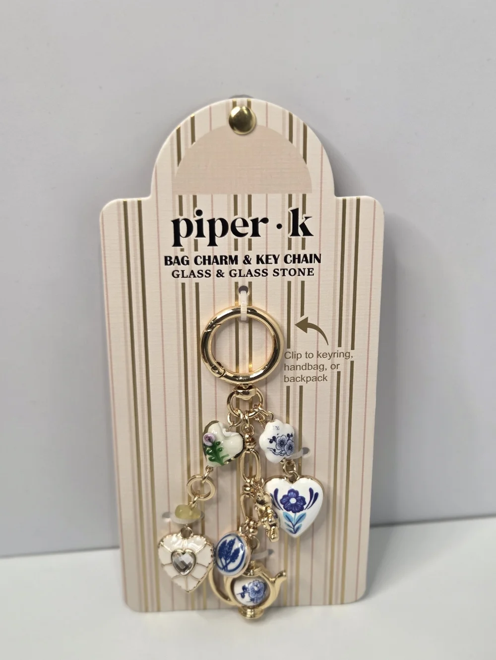 🤍▪️piper k▪️ UK Gold and White Teapot  Glass/Glass Stones  Floral Bag Charm